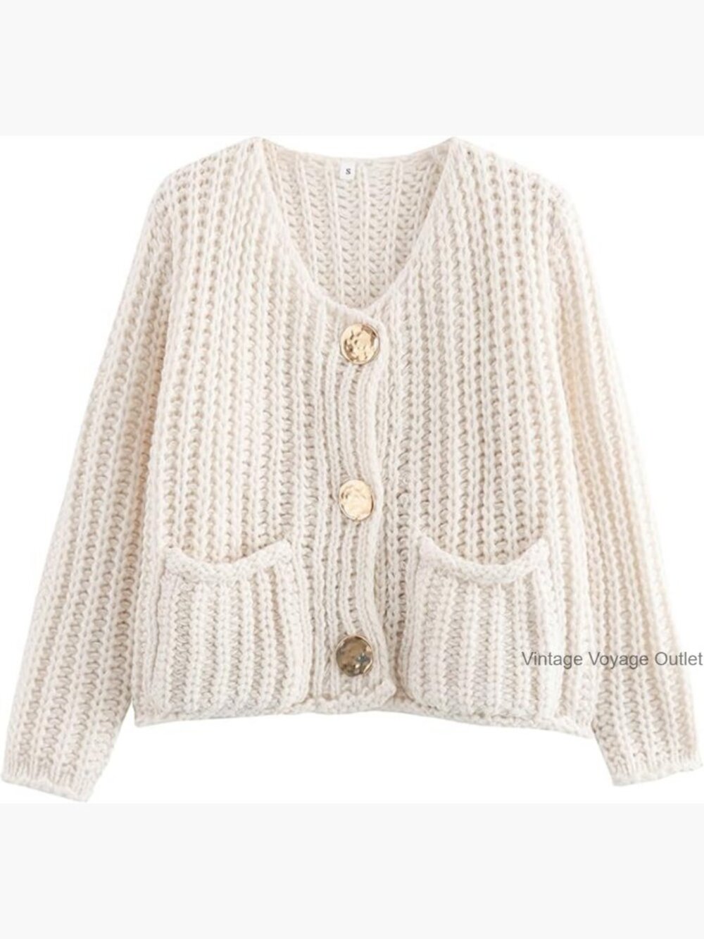 Cropped Chunky Cardigan Sweater Open Front Button Down Loose Fit